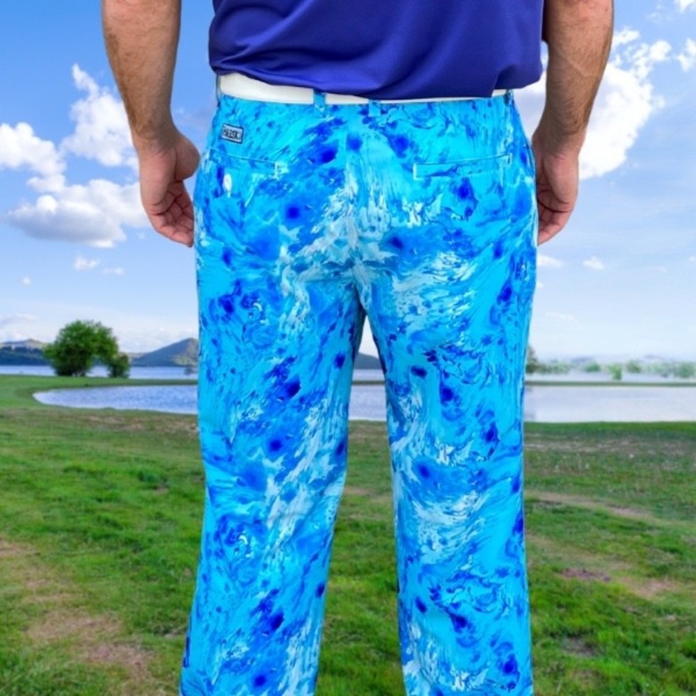 Hreski Mens 36 Blue Watercolor Marble Print Stretch Golf Pants Performance Loud